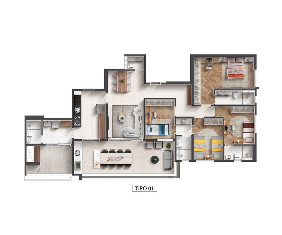 Planta · Tipo 01 — 157,42 m², 4 suítes