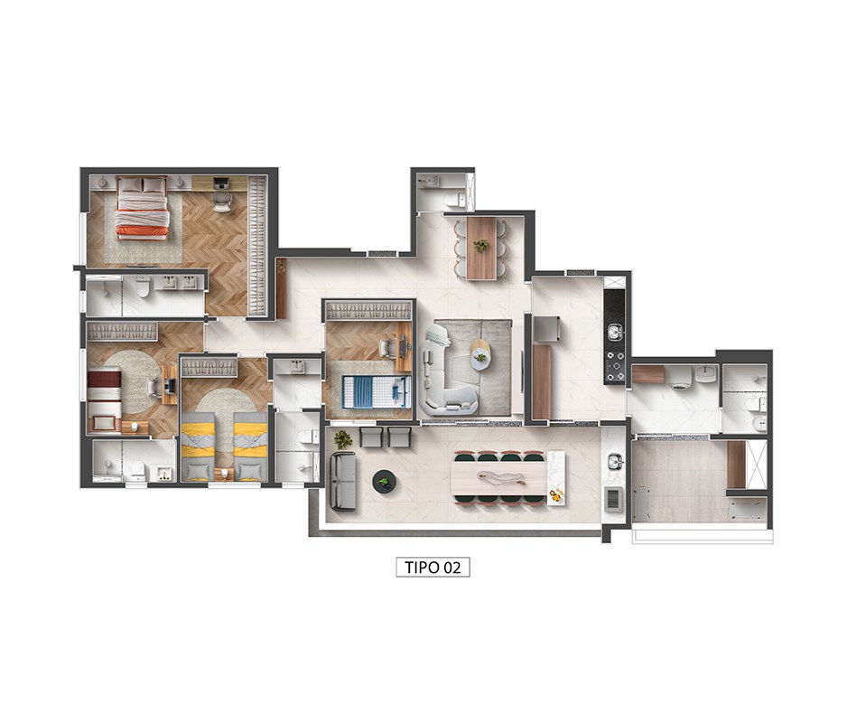 Planta · Tipo 02 — 157,42 m², 4 suítes (espelhada)