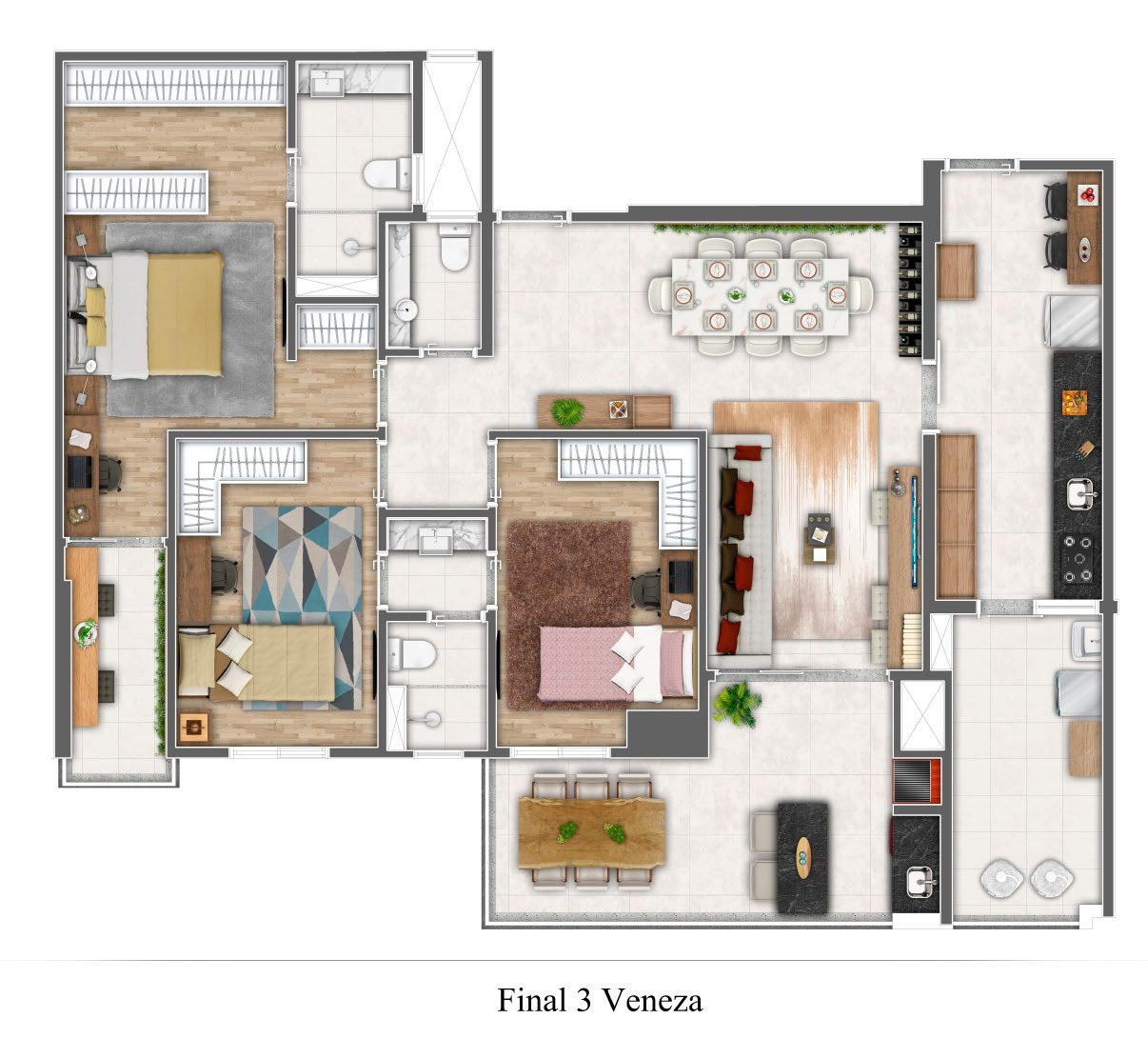 Planta · Veneza final 3 — 116,18 m², 3 suítes