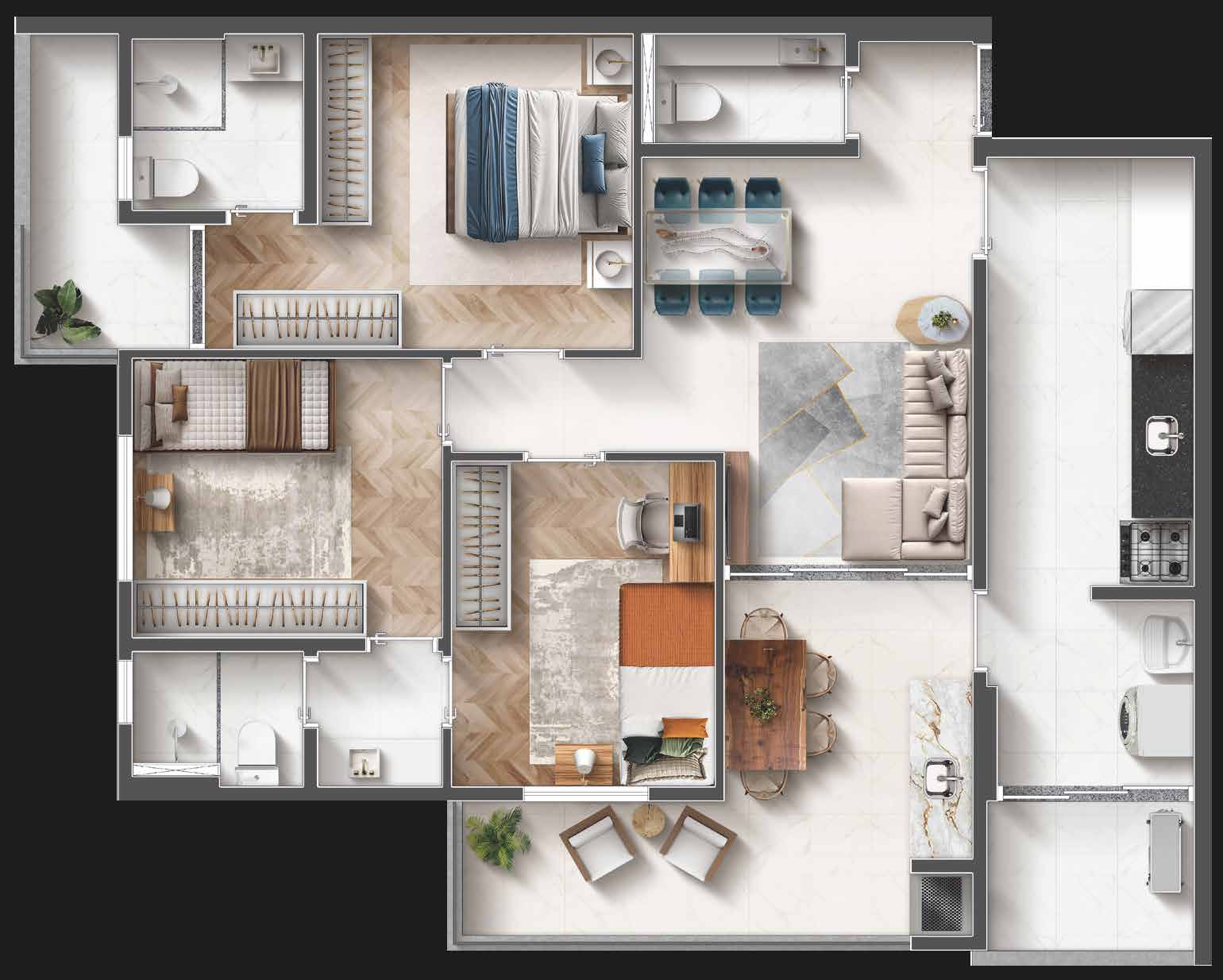 Planta · 91,44 m² — 3 suítes