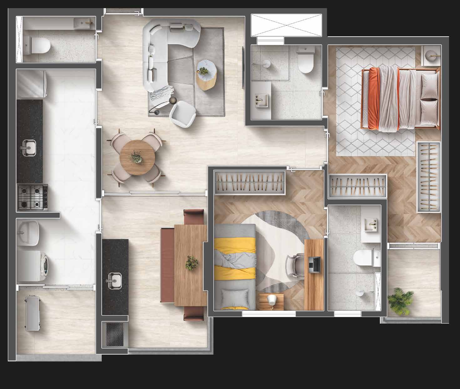 Planta · 70,19 m² — 2 suítes