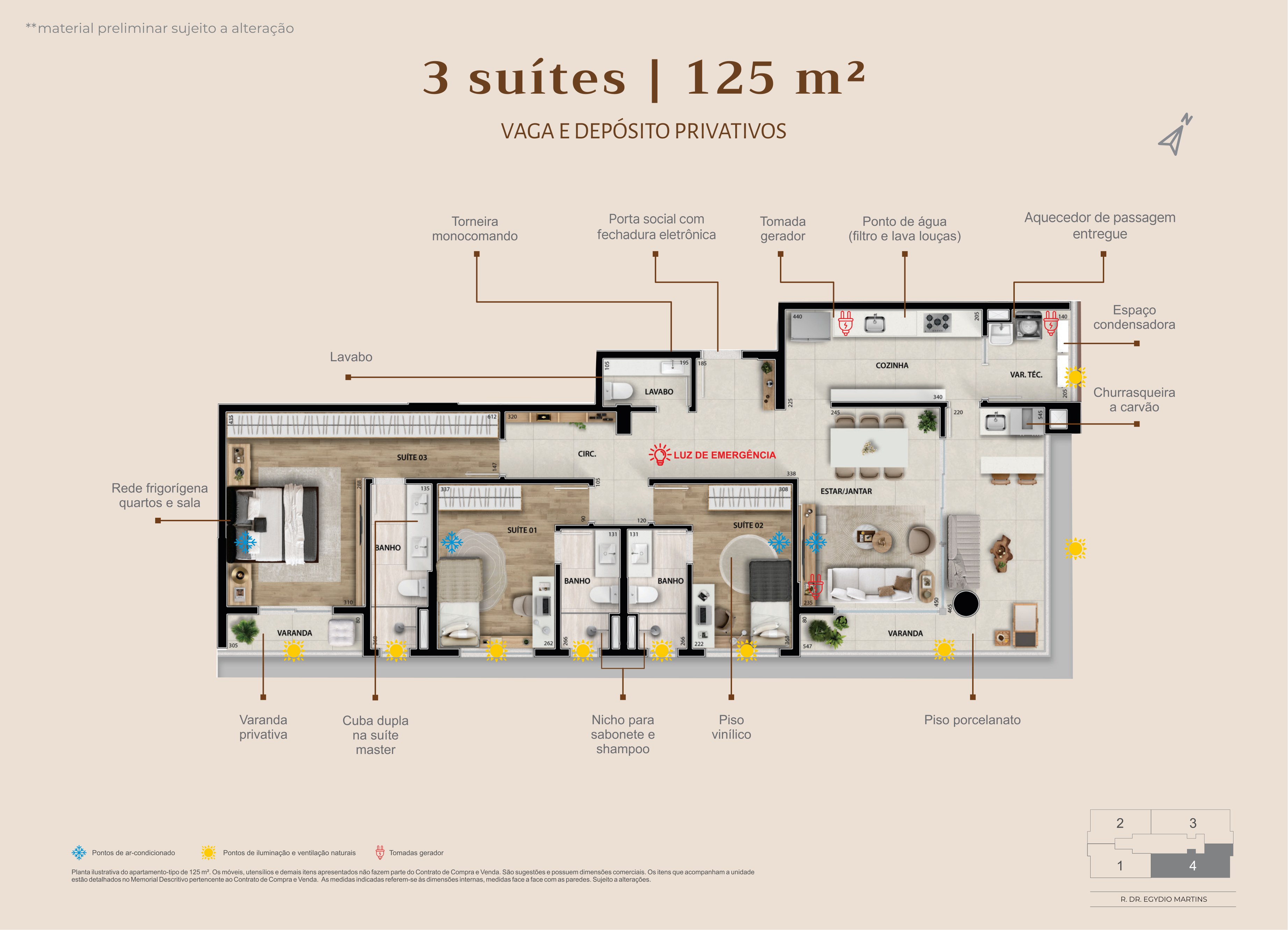 Planta · 3 suítes 125,13 m² — vaga e depósito privativos