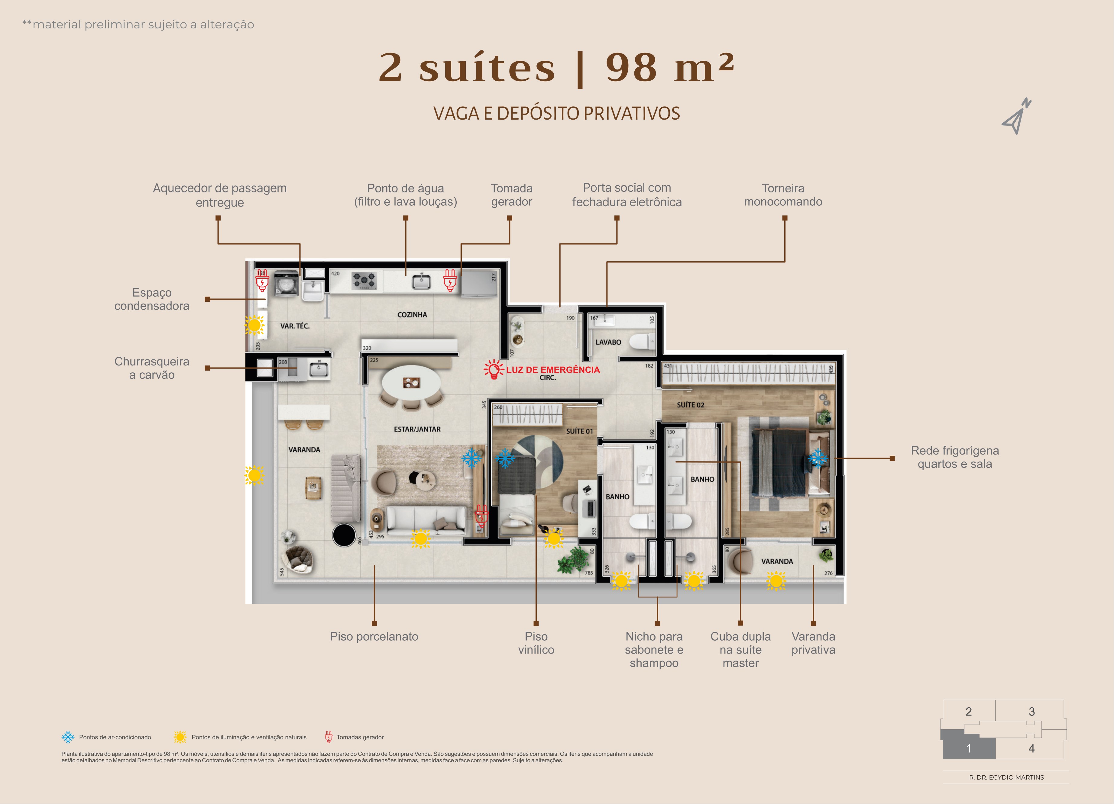 Planta · 2 suítes 98,59 m² — vaga e depósito privativos