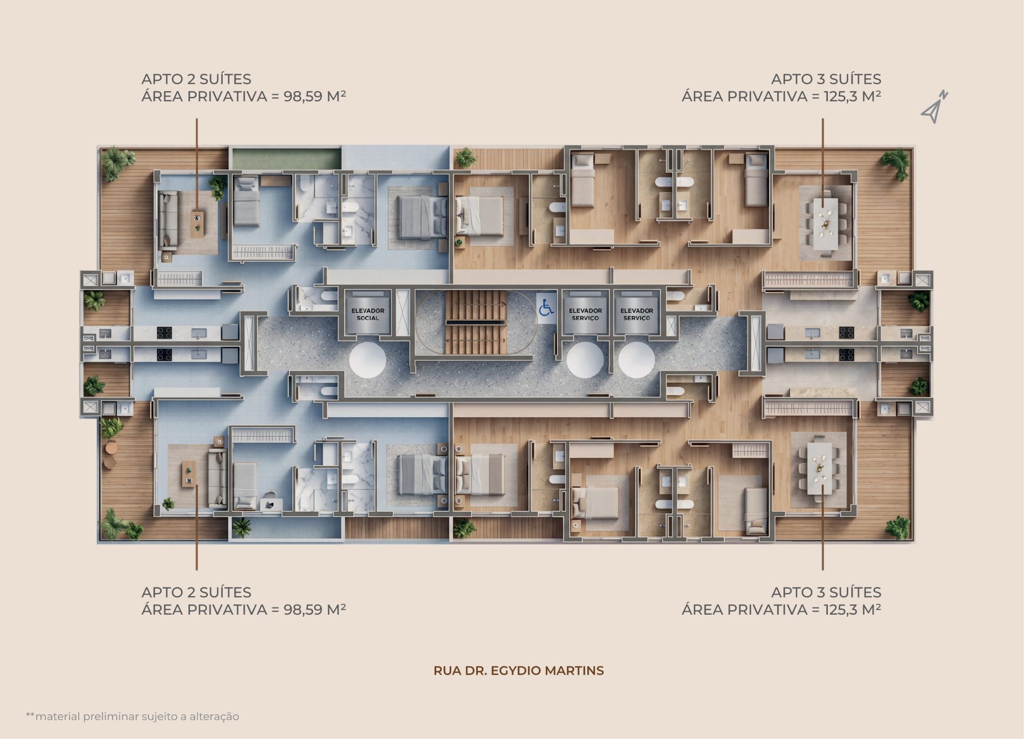 Planta · Pavimento tipo — 4 apartamentos por andar