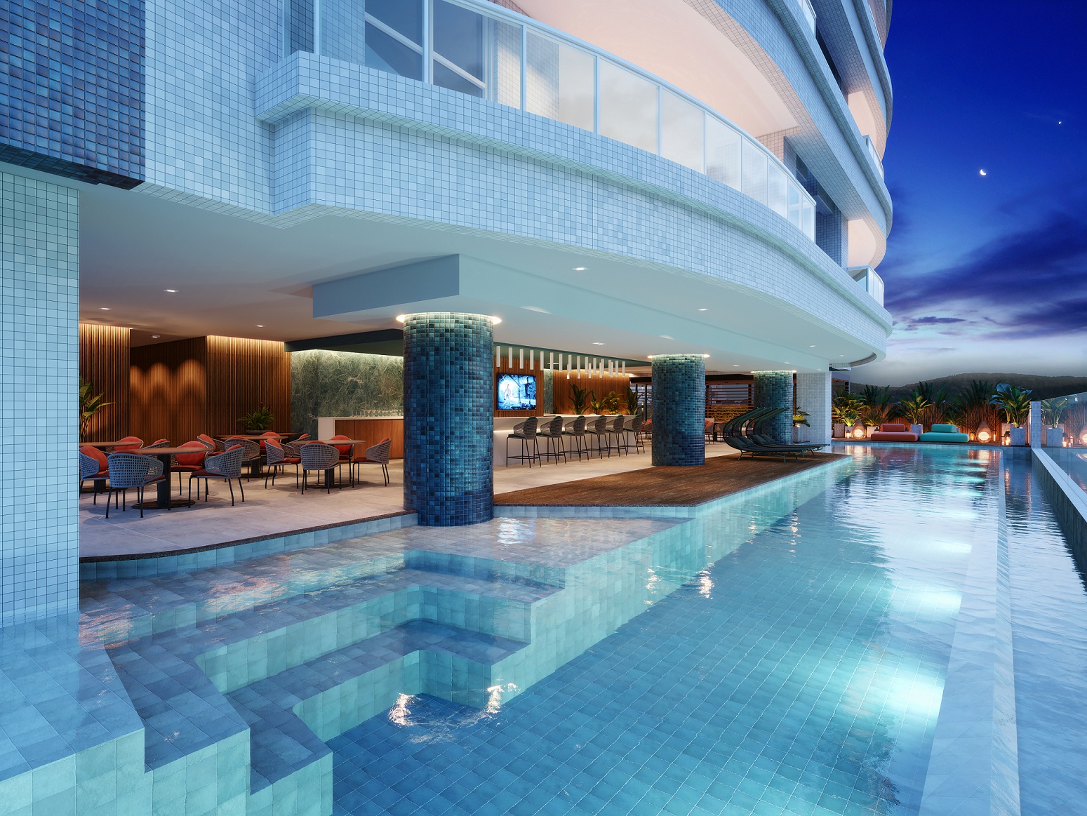 ÁREAS COMUNS · PISCINA COM BAR E LOUNGE