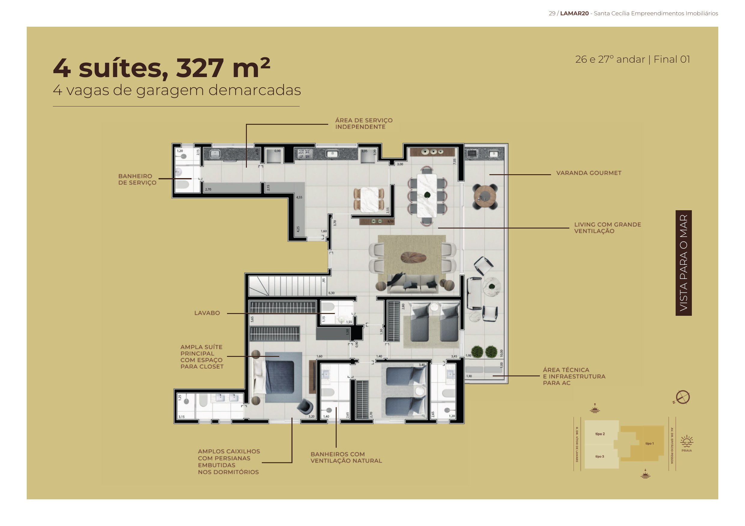 TIPOLOGIA 327 m² · Cobertura duplex 4 suítes — Planta (26º e 27º)