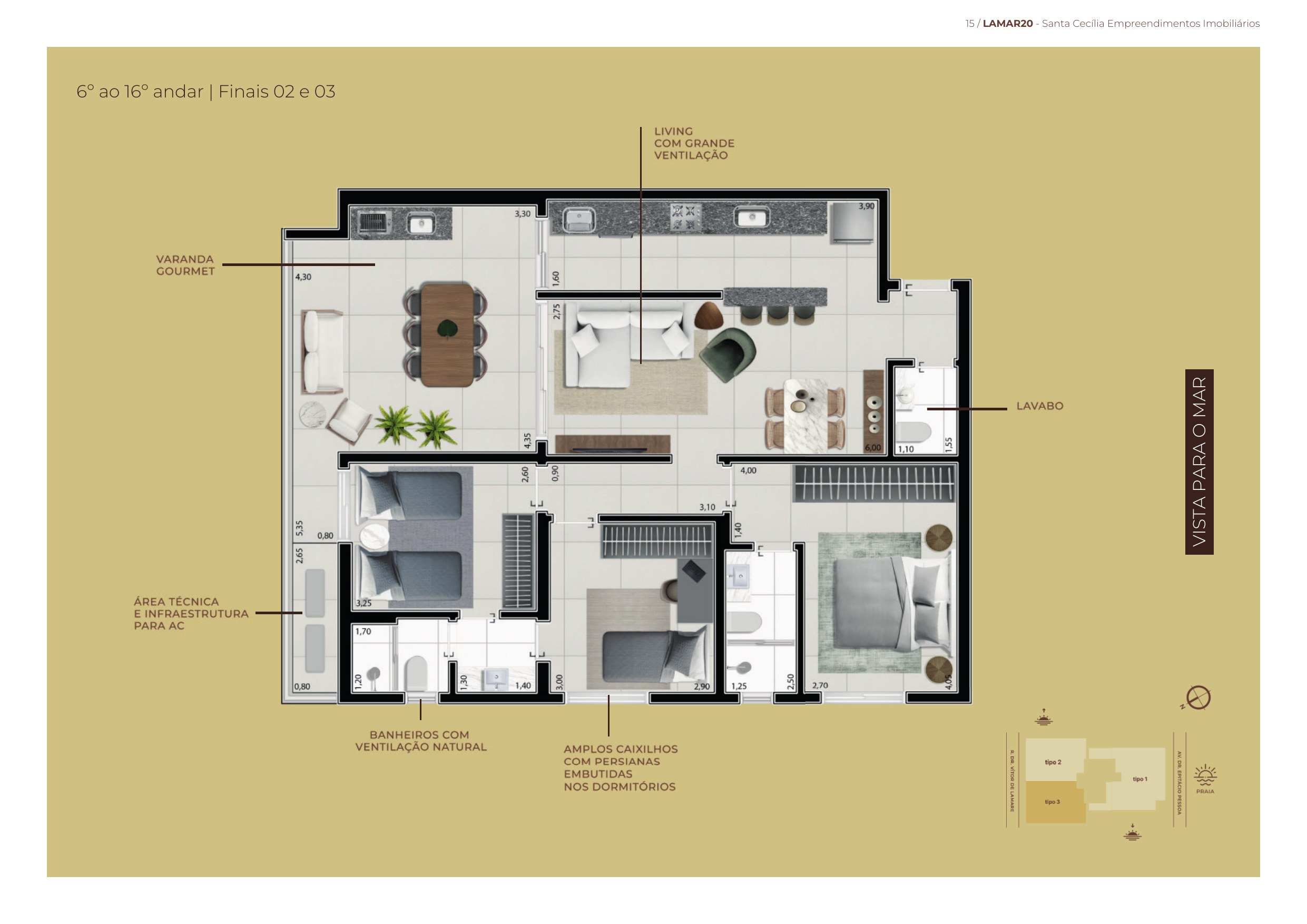 TIPOLOGIA 107 m² · 3 suítes — Planta (6º ao 16º · finais 02 e 03)