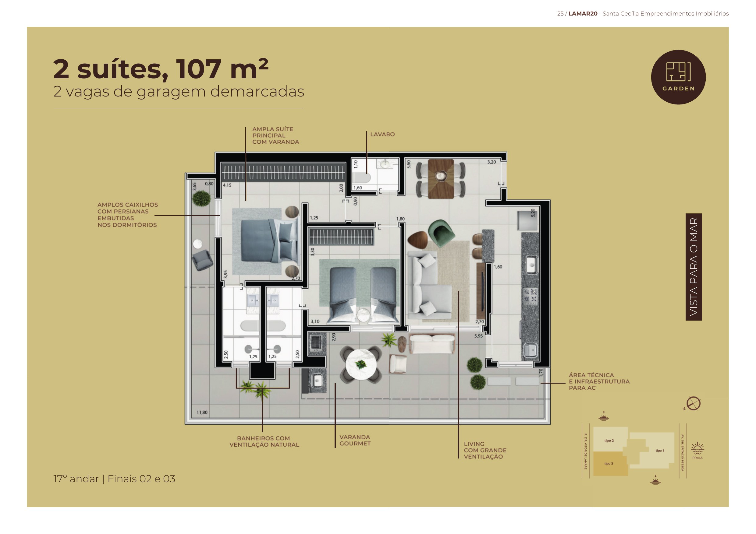 TIPOLOGIA 107 m² · Garden 2 suítes — Planta (17º · finais 02 e 03)