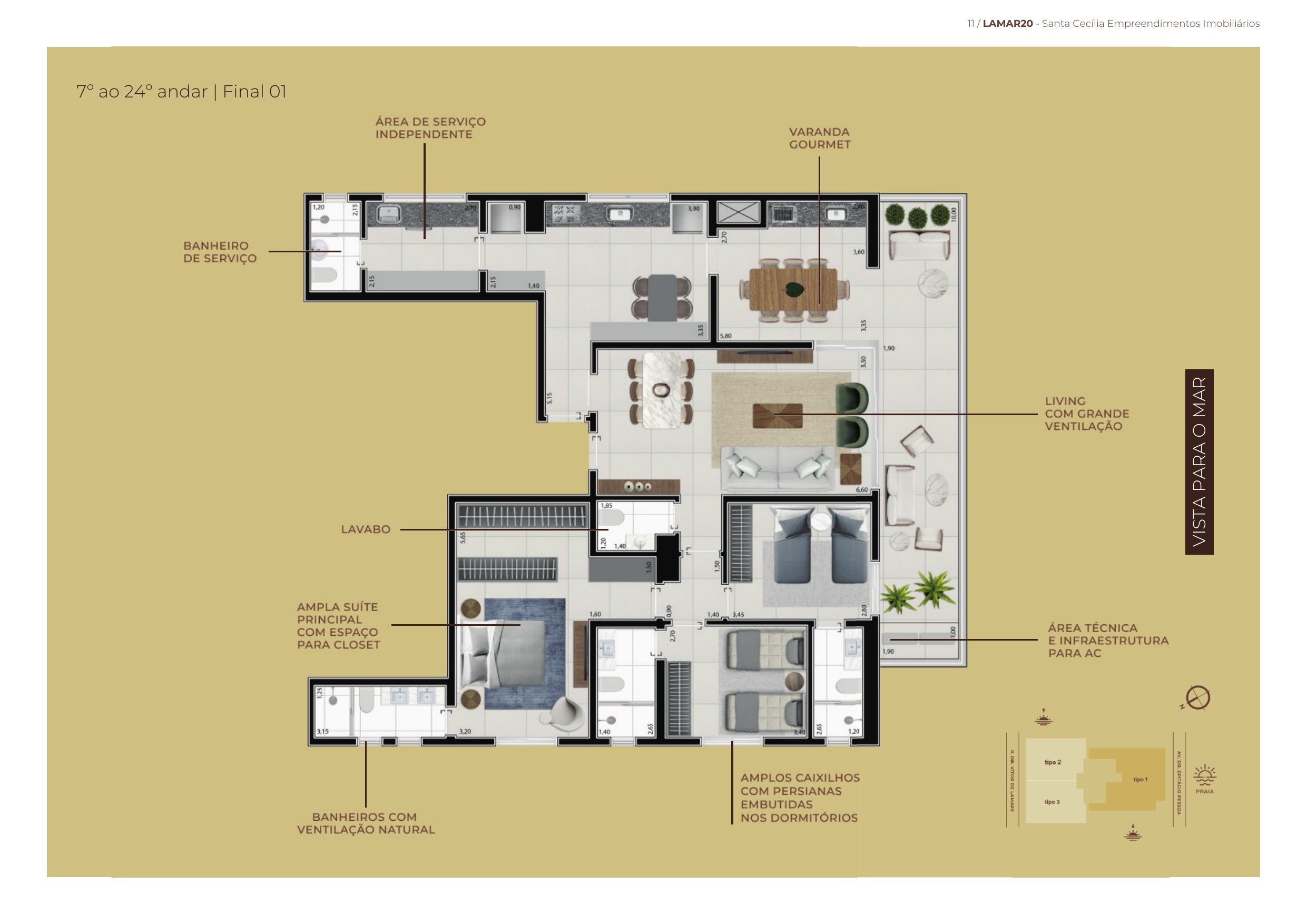 TIPOLOGIA 162 m² · 3 suítes — Planta (7º ao 24º · final 01)