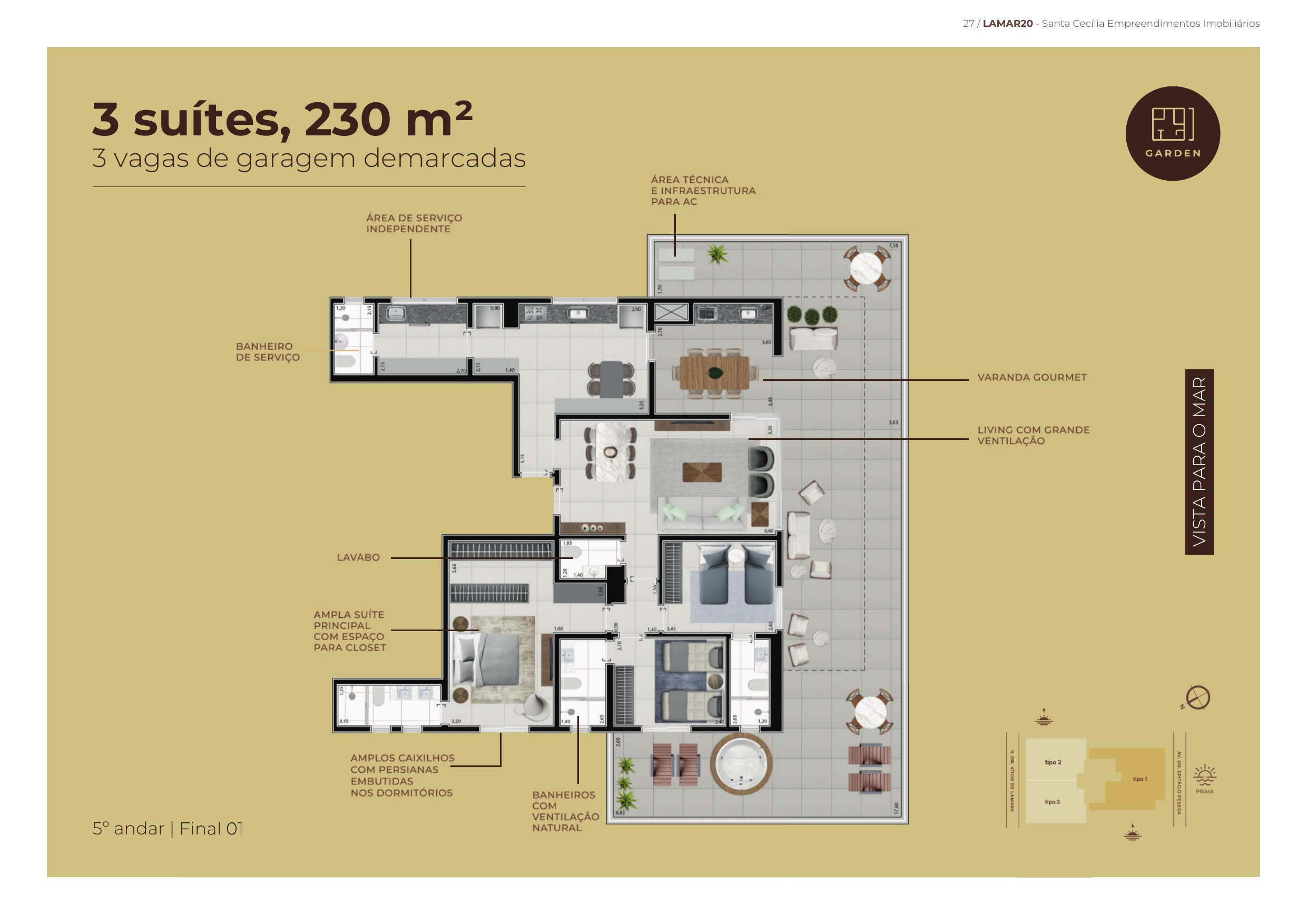 TIPOLOGIA 230 m² · Garden 3 suítes — Planta (5º · final 01)