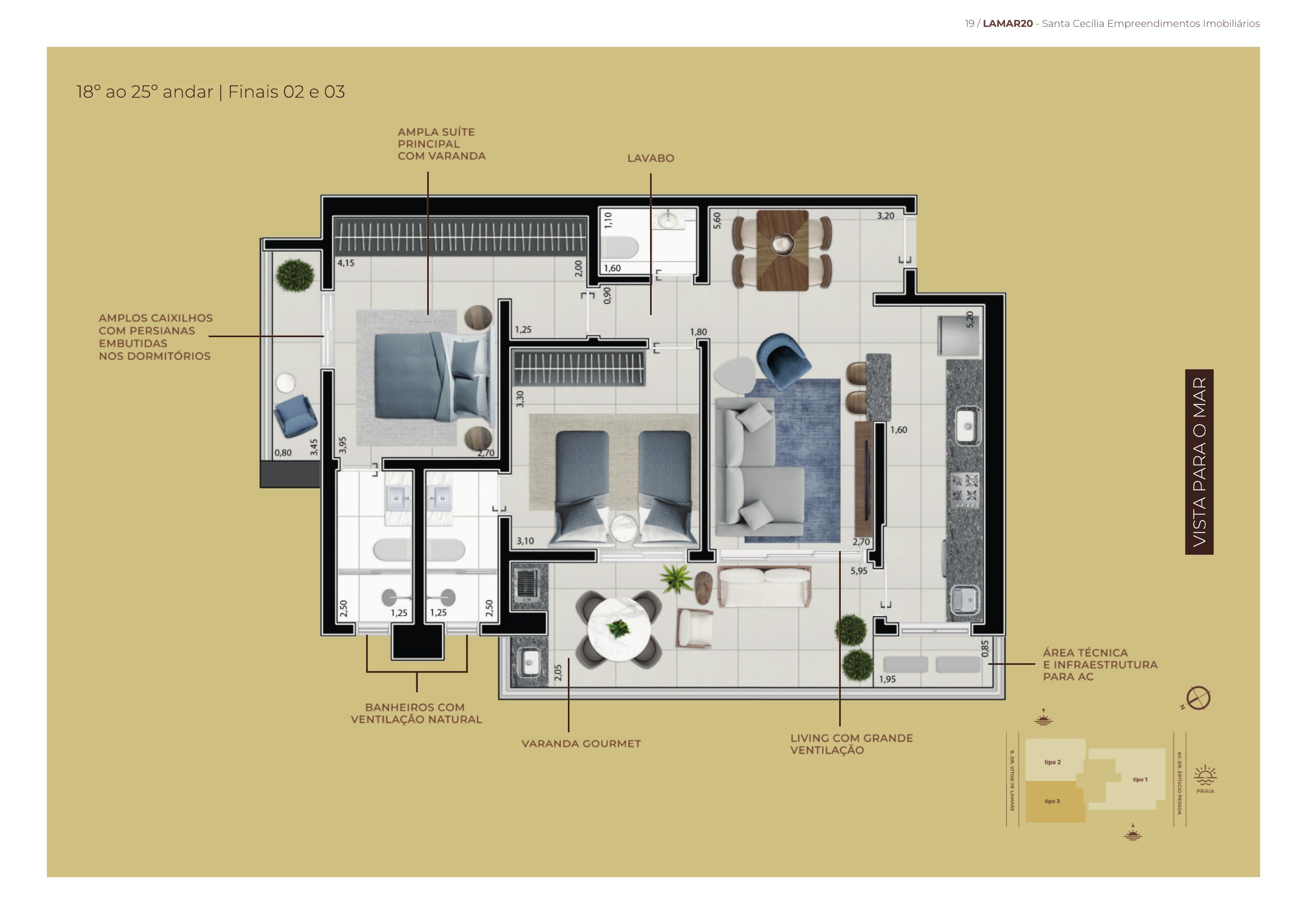 TIPOLOGIA 89 m² · 2 suítes — Planta (18º ao 25º · finais 02 e 03)